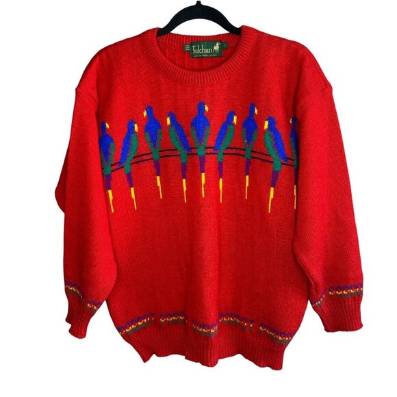 Tulchan Vintage Red Parrot 100% Wool British Made Sweater Size Large - Picture 1 of 8